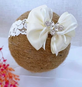 Ivory Christening Headband, Baptism Headband, Big Bow, Rhinestones, Satin Bow - Picture 1 of 7