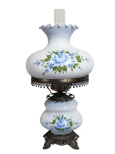 Vintage Accurate Casting Hurricane Lamp White Blue Roses 20 1/2" - 24" Tall - Picture 1 of 12