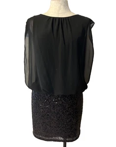 Aidan Mattox Sequin Dress 6 Black Sheer Sleeve Holiday Party Wedding Cruise - Picture 1 of 7