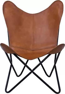 Leather Handmade Brown Vintage Home New Relax Butterfly Chair With Stand - Picture 1 of 5