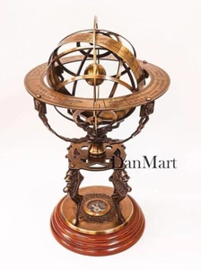 Armillary Globe Big Antique Brass Engraved with Wooden Base Vintage Horoscope - Picture 1 of 8