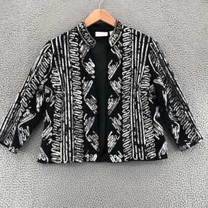 Chicos Blazer Women 0 US Small Black White Fabric Applique 3/4 Sleeves Jacket - Picture 1 of 10