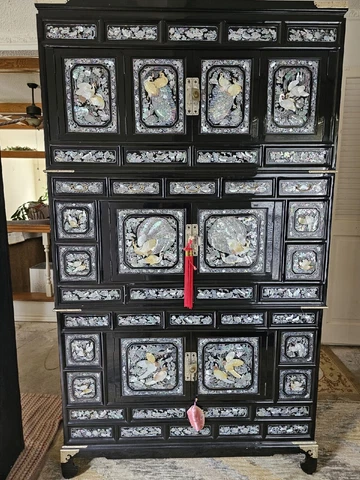 Vintage Korean Pearl Inlay 4-Piece Dresser & Wardrobe Cabinet Peacock Crane Fish Cover