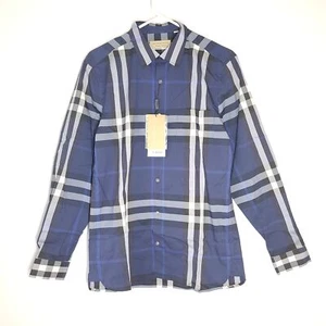 Burberry Men's Classic Plaid Long Sleeve Shirt Stretch Navy Blue Sz M NWT - Picture 1 of 7