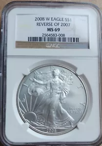 2008W Rev. 0f 2007 American Silver Eagle NGC MS69 Burnished PQ - Picture 1 of 2