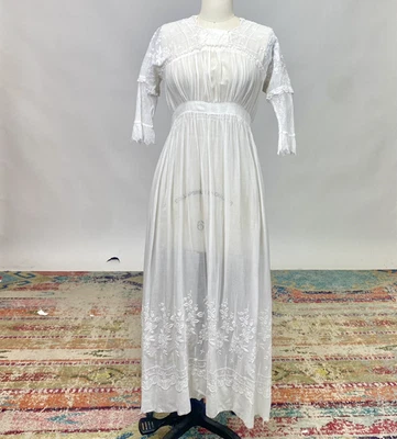 Antique Victorian Edwardian White Cotton Tea Dress  Floral Embroidery Lace As is - Image 1 of 4