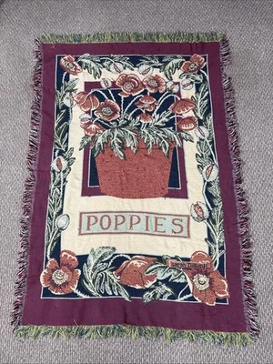 Cobertor de tapeçaria vintage flores papoulas 60” x 40” franja floral Sarah Dillard - Imagem 1 de 4