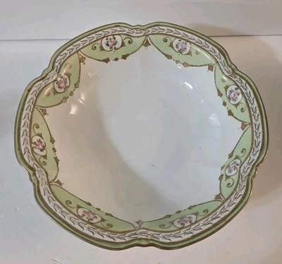 Vintage Nippon Moriage Bowl Hand Painted Pink Roses Green And Gold Textured - Image 1 of 4