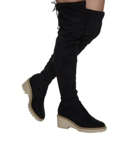 NUEVAS Botas Nicole Miller Bass Sobre la Rodilla Elastizadas Imitación Gamuza Plataforma Negras 8.5 - Imagen 1 de 12