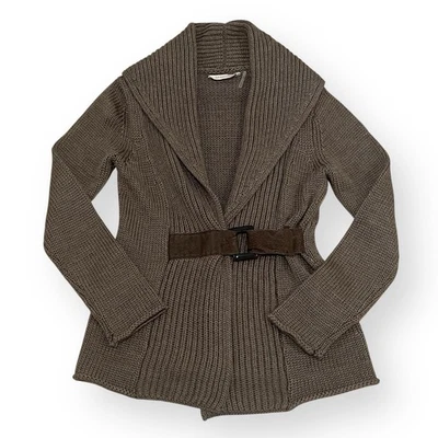 Soft Surroundings Chunky Knit Belted Sweater Sz S Brown Wool Blend Shawl Collar - Image 1 of 4