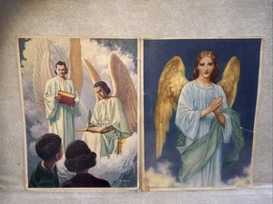 Lot Of 2 Vintage 14x11" Printed Pictures Of Angels 1953 Sabbath School Pictures - Picture 1 of 8