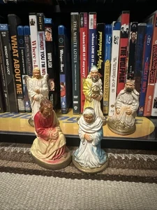 Vintage Lot 5 Chalkware Mary Joseph Two Wise Men Angel Nativity Set Partial 4” - Picture 1 of 11