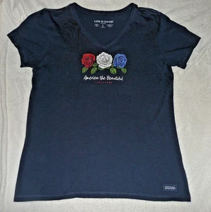 Life is Good America The Beautiful Damen Large V-Ausschnitt blau grau Crusher Shirt - Bild 1 von 4