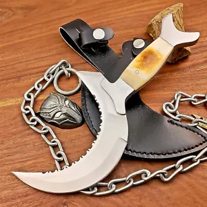 Handmade Crescent Half-Moon Ritual Knife, Unique Curved Blade, Leather Sheath 24 - Picture 1 of 9