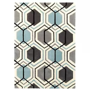 Contemporary Abstract Hand Tufted Geometric Hexagon Grey / Blue Rugs - Picture 1 of 2