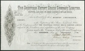 Sheffield Patent Brick Co. Ltd., £10 shares, 18[74], EF - Picture 1 of 1