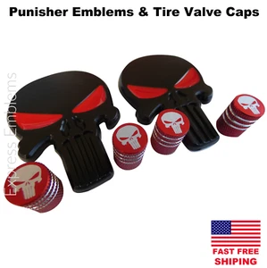 2x 3D Metal Punisher Sticker Emblem Black + Skull Red Tire Cap Valves (Bundle) - Picture 1 of 4