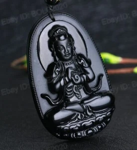 Natural Black Obsidian Pendant Chinese Amulet GuanYin Buddha Charm Necklace Gift - Picture 1 of 6