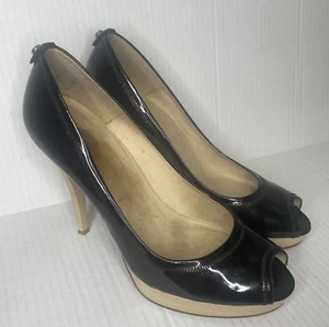 Stuart Weitzman Pump Black 8 Avignon Patent Leather Peep Toe Wood Platform Logo - Picture 1 of 14