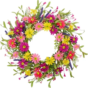 20 Inch Spring Wreaths for Front Door Artificial Summer Wreath Wildflowers Wreat - Picture 1 of 12