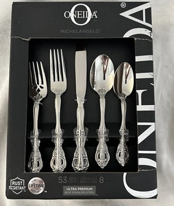 Oneida Michelangelo 53 Pc Service 8 Hostess Steak Knife Fork Spoon 18/10 - Picture 1 of 16