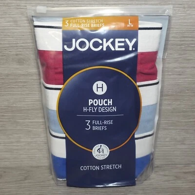 Jockey Men's Pouch Brief H-Fly Design Cotton Stretch Size L Red & Blues 3-PACK - Image 1 of 4