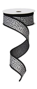 10 YARD ROLL 1 1/2" WIDE WIRED EDGE RIBBON BLACK AND SILVER GREEK KEY DESIGN - Picture 1 of 1