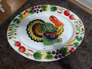 Vtg Enamel Ware Turkey Platter Metal Vibrant Oblong Serving Dish - Picture 1 of 6