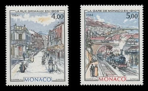 MONACO Sc #1436-7, 1984 RUE GRIMALDI & TRAINS, PAINTINGS BY HUBERT CLERISSI - Picture 1 of 2
