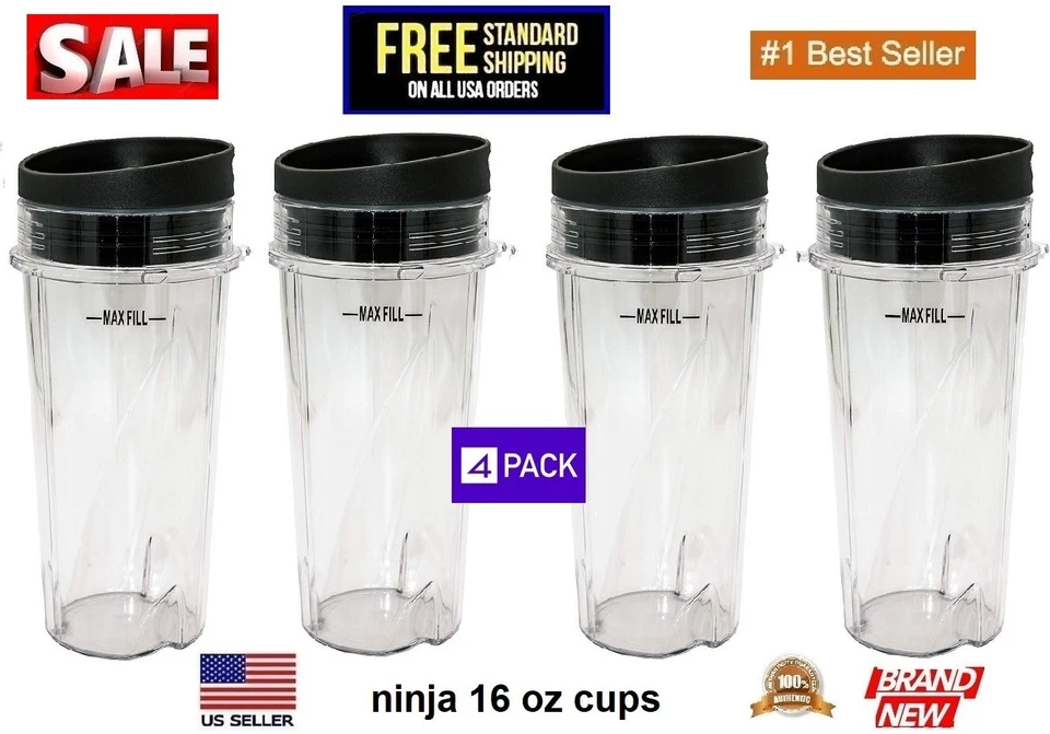 X4 Pack Ninja Blender Cups Single Serve 16-Ounce Cup Set for BL770 BL780 BL660 - Image 1 of 4