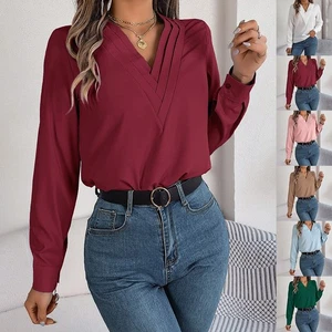 Contemporary Women's Long Sleeve Shirt Layered V Neck Design for Casual Wear - Picture 1 of 36
