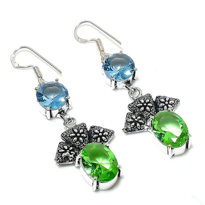 Handgefertigte 925 Sterling Silber Ohrringe aus Peridot und Topas 2,36" - Bild 1 von 4