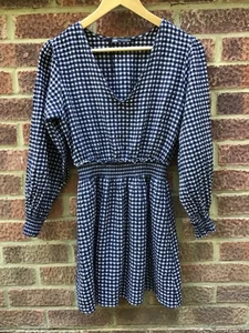 Zara Navy Check Plaid Mini Dress, Size XS, Short, Long Sleeve, Elasticated Waist - Picture 1 of 9