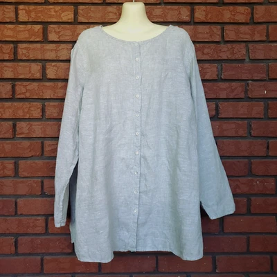 Tahari 100% Linen Tunic Top Sz 2X Button Front Roll Tab Sleeve Light Sage Green - Image 1 of 4