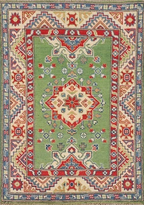 Vert Super Kazakh Tapis Oriental 3x4 Fait à la Main Laine Géométrique Foyer - Image 1 of 4