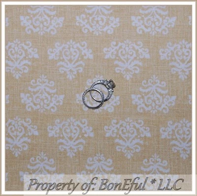 BonEful Fabric FQ Cotton Quilt Brown Tan Cream Heart Damask Flower Damask Toile - Image 1 of 4