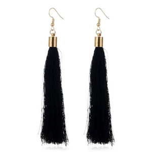 1 Pair Fashion Bohemian Women's Black Long Tassel Hook Earrings Jewelry - Picture 1 of 3