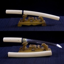 HANDMADE JAPANESE SHIRASAYA SWORD FOLDED STEEL CLAY TEMPERED BLADE TANTO SHARP 