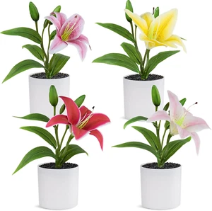 Artificial Lily Flowers Decor, 4 Pack Potted Plants Fake Lily Flowers in Pots, A - Picture 1 of 12