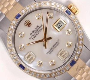 Rolex Datejust Two Tone 18k Sapphire Bezel 36mm Watch-White MOP Diamond 6&9 Dial - Picture 1 of 6