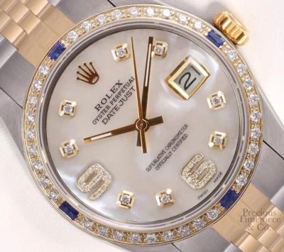 Rolex Datejust Two Tone 18k Sapphire Bezel 36mm Watch-White MOP Diamond 6&9 Dial - Image 1 of 4