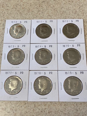 1970 to 1979 S Proof Kennedy Half Dollars Set Of 9 Coins Uncirculated Cover