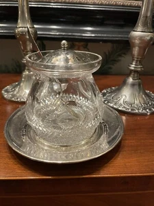 STERLING CONDIMENT HONEY POT JAM JAR SUPERB SHREVE OLD MARK WITH TRAY and SPOON - Picture 1 of 7