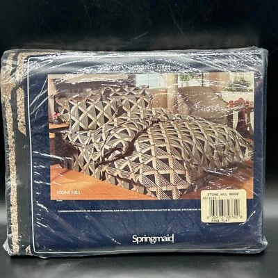 Vtg Springmaid Stone Hill King Flat Sheet Black Gold Triangle Geometric USA New - Image 1 of 3