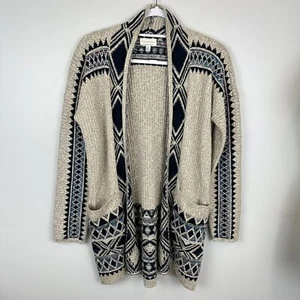 Lucky Brand Womens Small Beige Navy Open Sweater Duster Cardigan Boho Tribal DI - Picture 1 of 10