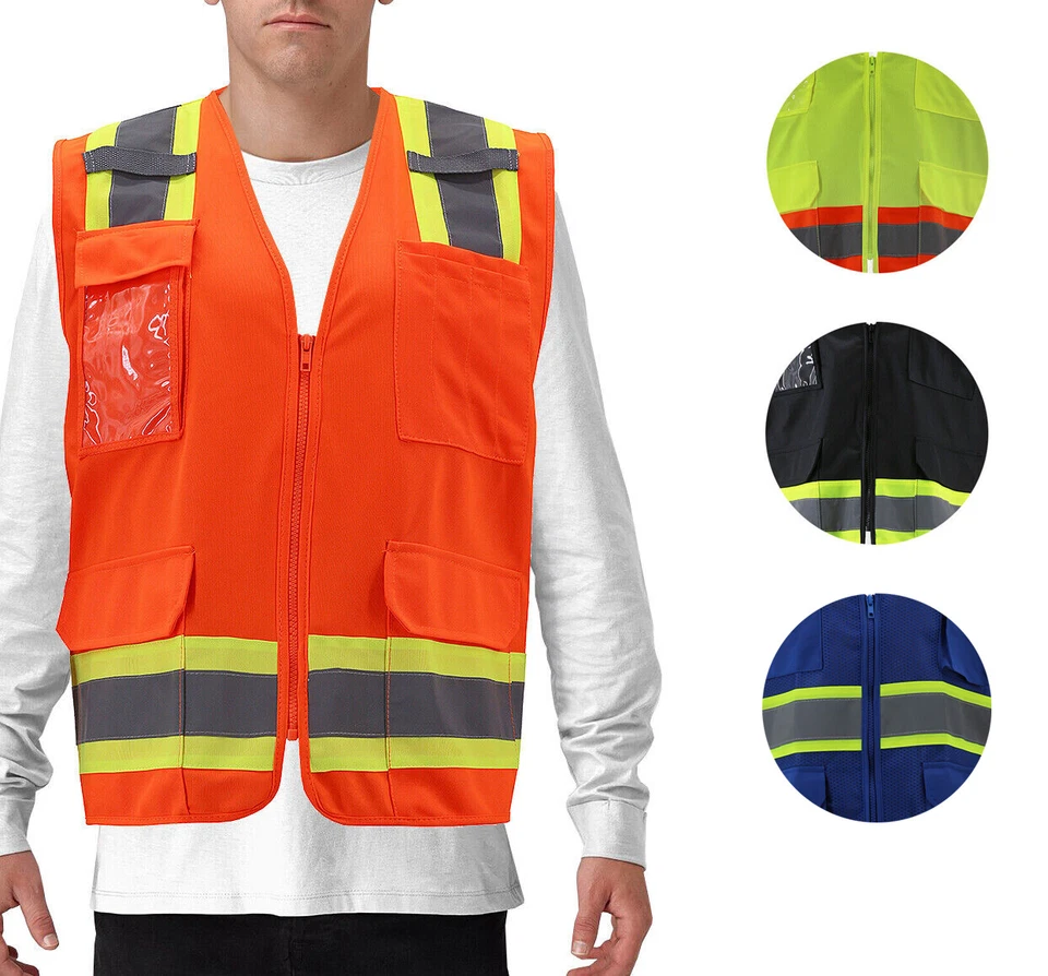 Men's Class 2 Type R Safety High Visibility Zipper Reflective Neon Work Vest - Image 1 of 1