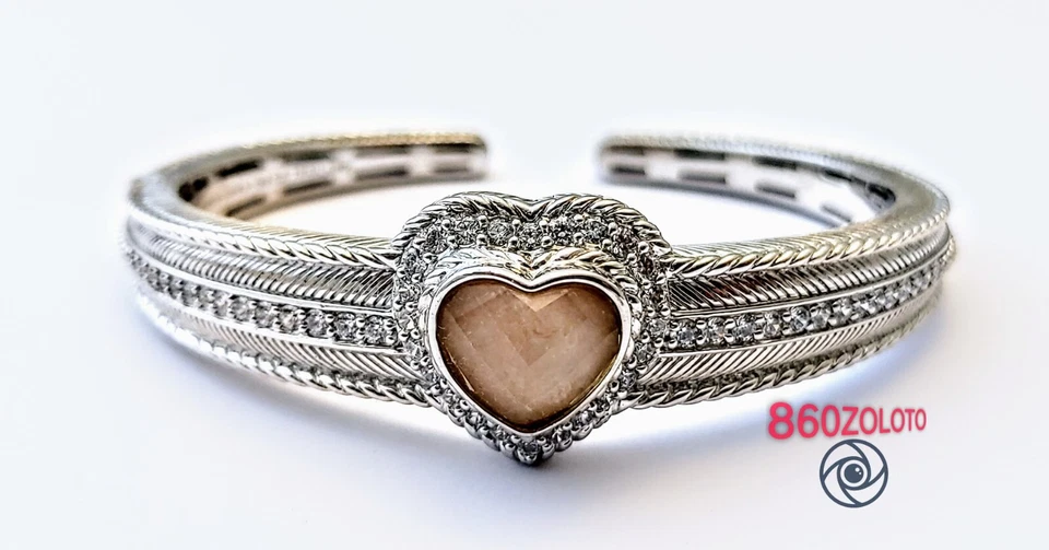 NEW RIPKA RETIRED 925 SILVER SMOKY QUARTZ HEART DIAMONIQUE HINGED CUFF BRACELET - Image 1 of 4