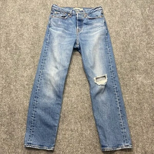 Levis Premium Jeans Womens 25 Blue Wedgie Straight Denim Button Fly Distressed - Picture 1 of 15