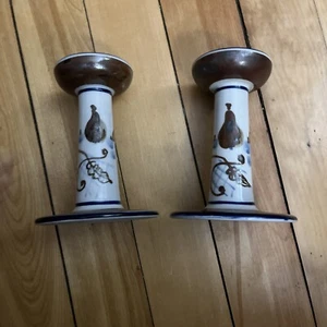 Dansk International Designs Blue White Brown Floral Ceramic Candle Holder Pair - Picture 1 of 7