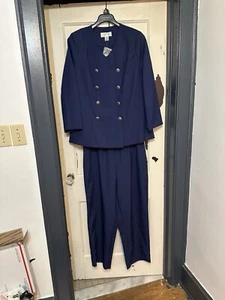 Allison Woods Navy Blue Unlined 2 Piece Pants Jacket Set Outfit Size 18W - Picture 1 of 7